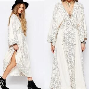 Free People Modern Kimono Dress In Pearl Combo Lace Up Maxi Dress size 12